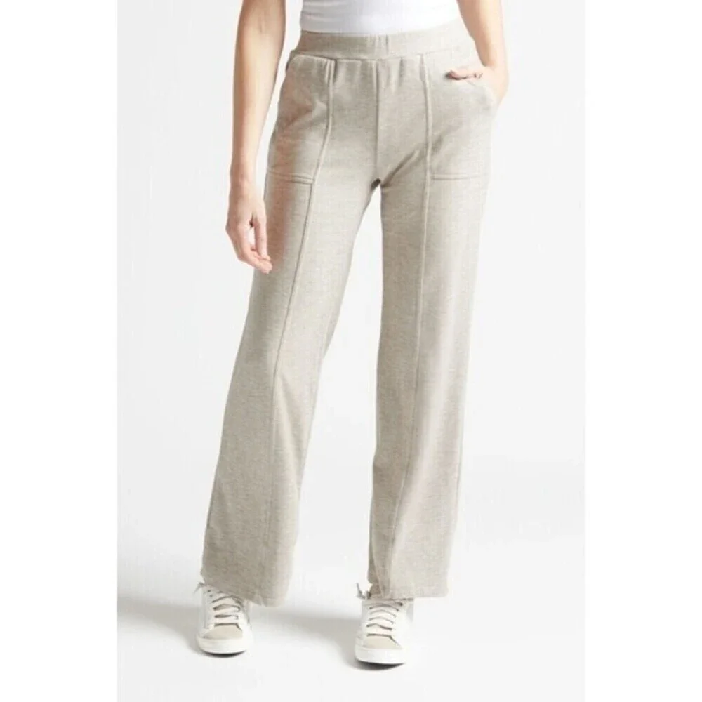 EVEREVE Womens L Beige Mini Rib Lounge Pants Sweatpants Pull-On Wide Leg Pockets